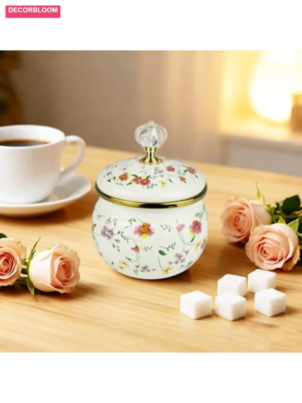 Vintage Enamel Storage Jar with Floral Design for Sugar, Tea, Coffee, Spices -
